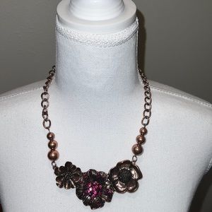 Copper And Rhinestone Floral Necklace